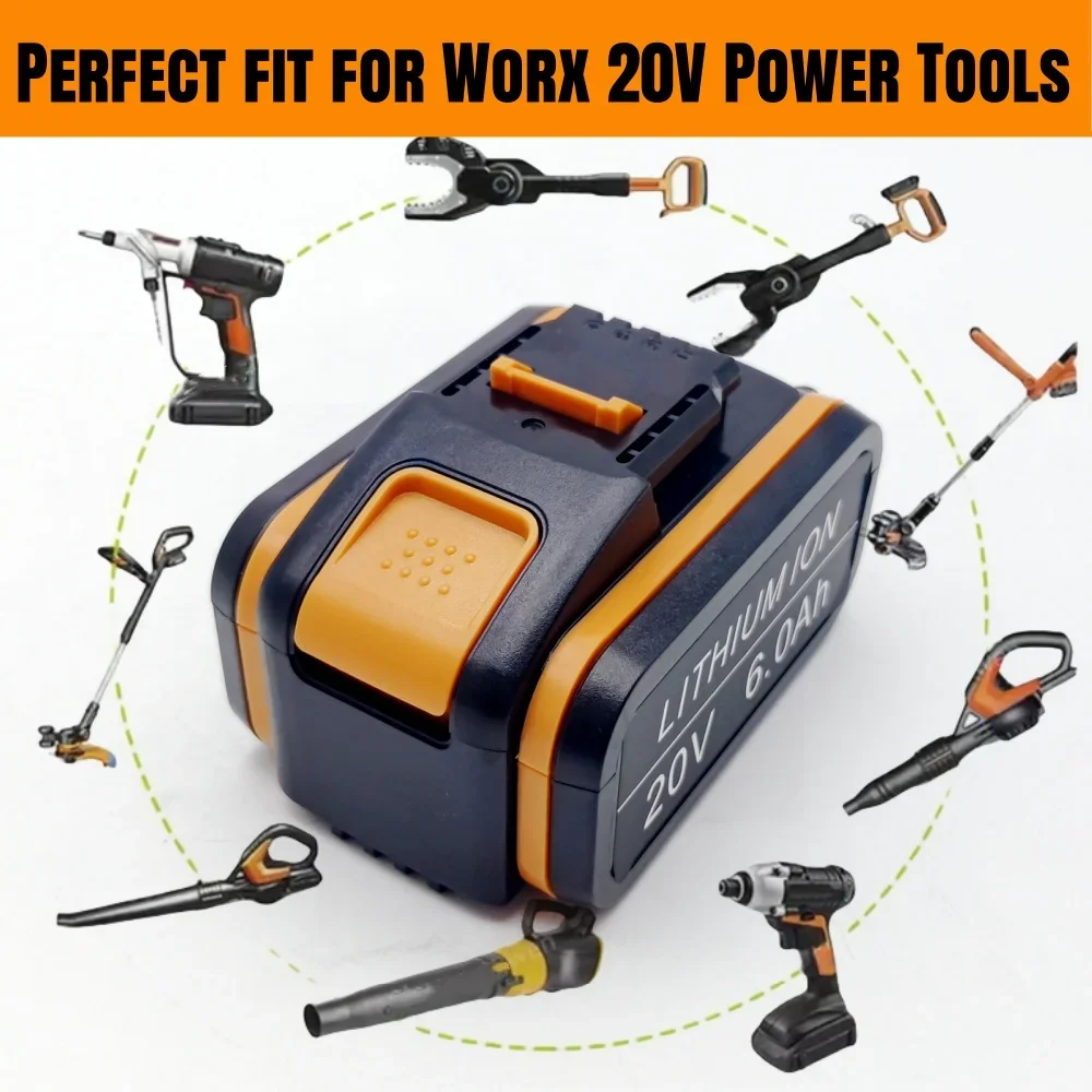 بطارية ليثيوم أيون بديلة Worx WA3551، WA3553 WX176 WX550 WX386 WXino 3 WXgain، WX800، WU268 20V، 6.0 Ah
