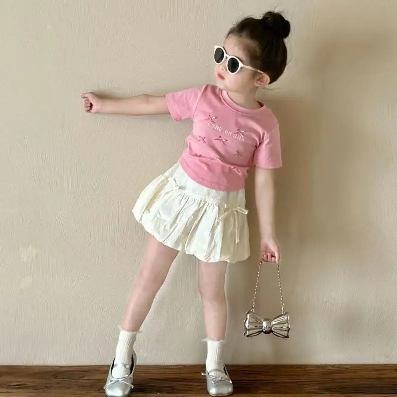 ベビー服セット女の子弓ブラウススーツ子供スイートトップ芽スカート-2-ピース夏の新ファッション半袖-t-シャツ衣装