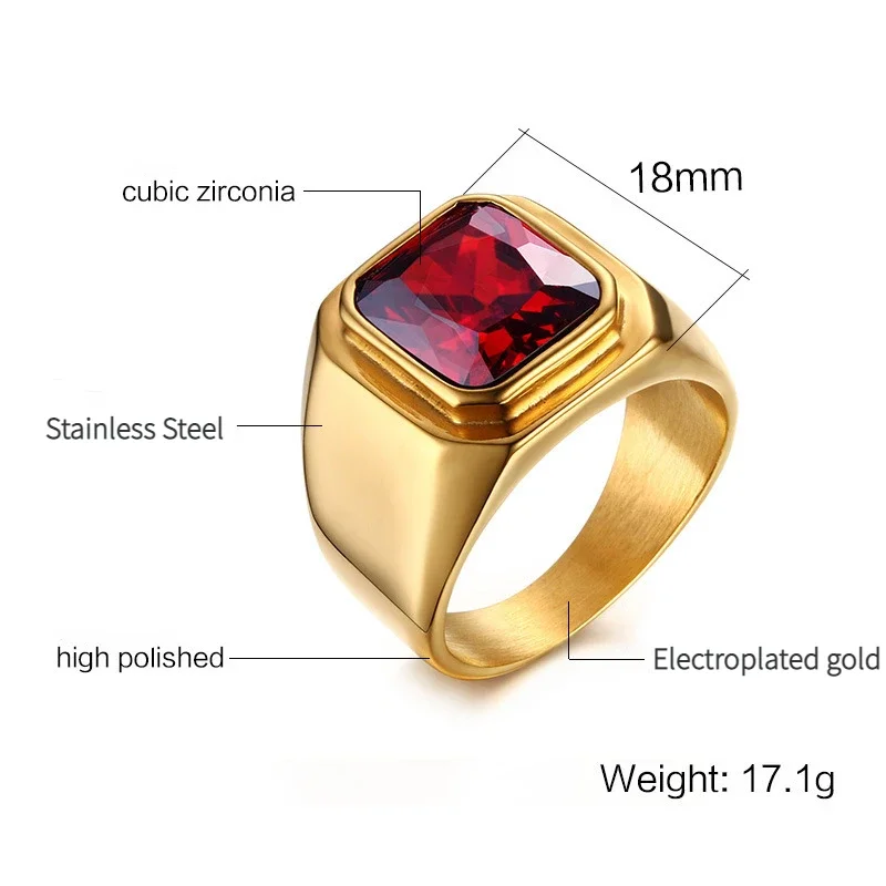 Black/Gold Plated Stainless Steel Men\'s Ring Square Red Zircon Stone Classic Signet Rings