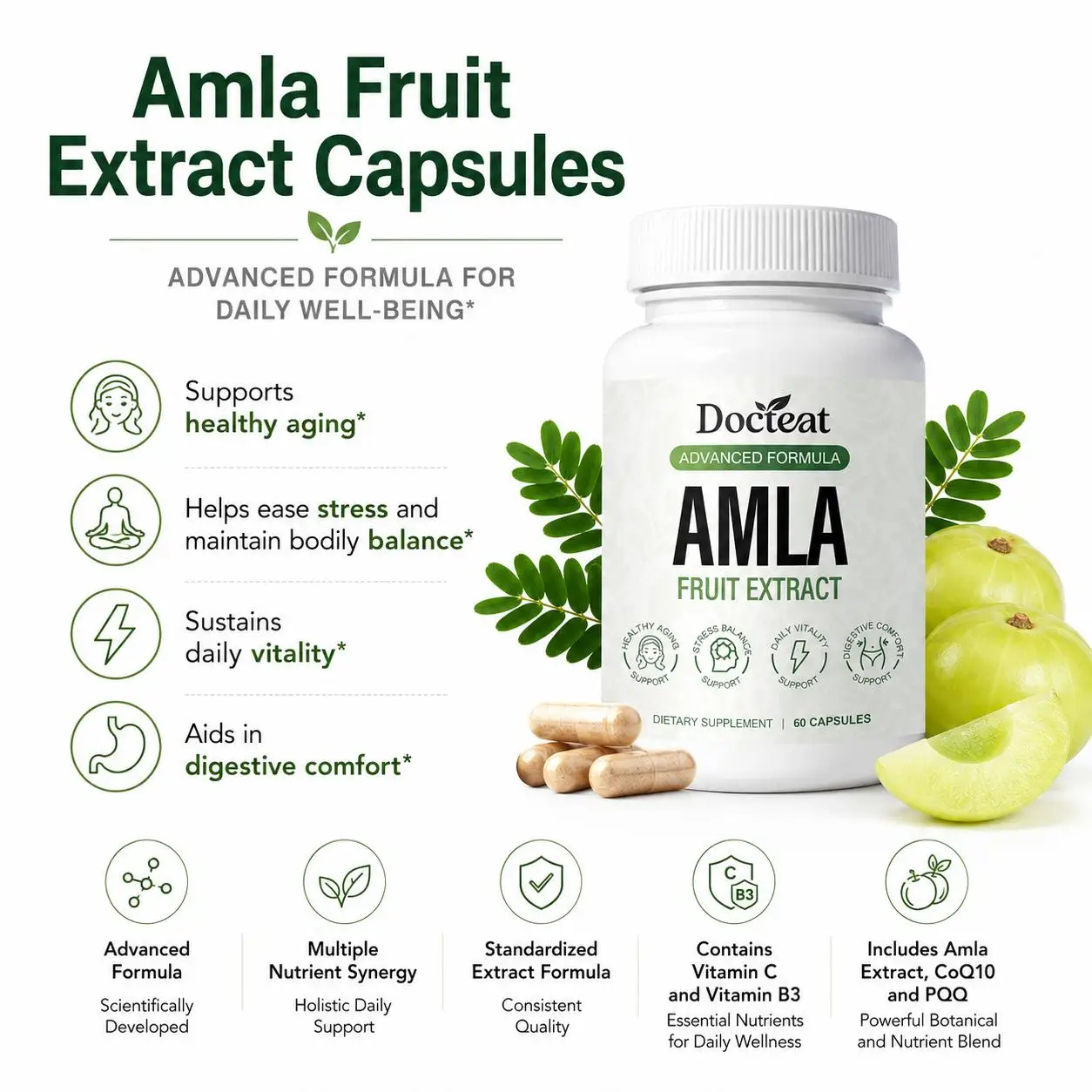 Docteat Amla Fruit Extract Capsules with Vitamin C and B3 for Supporting Healthy Aging and Aids Digestive Comfort 60 Capsules