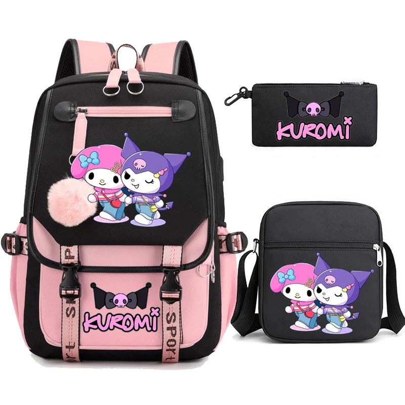 Kuromi Melody Mochilas para Meninas, Alta Capacidade, Impermeável Mochila Universitária, Trendy Laptop Bags, Bonito Livro de Viagem Bag, 3PCs