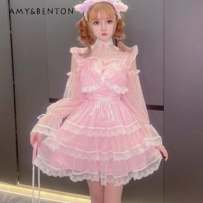 

Japanese Design Pink Sweet Bow Women's Dress 2026 Summer Age-reducing Lotus Leaf Edge Waist-cinching Thin A-line Dresses Ladies