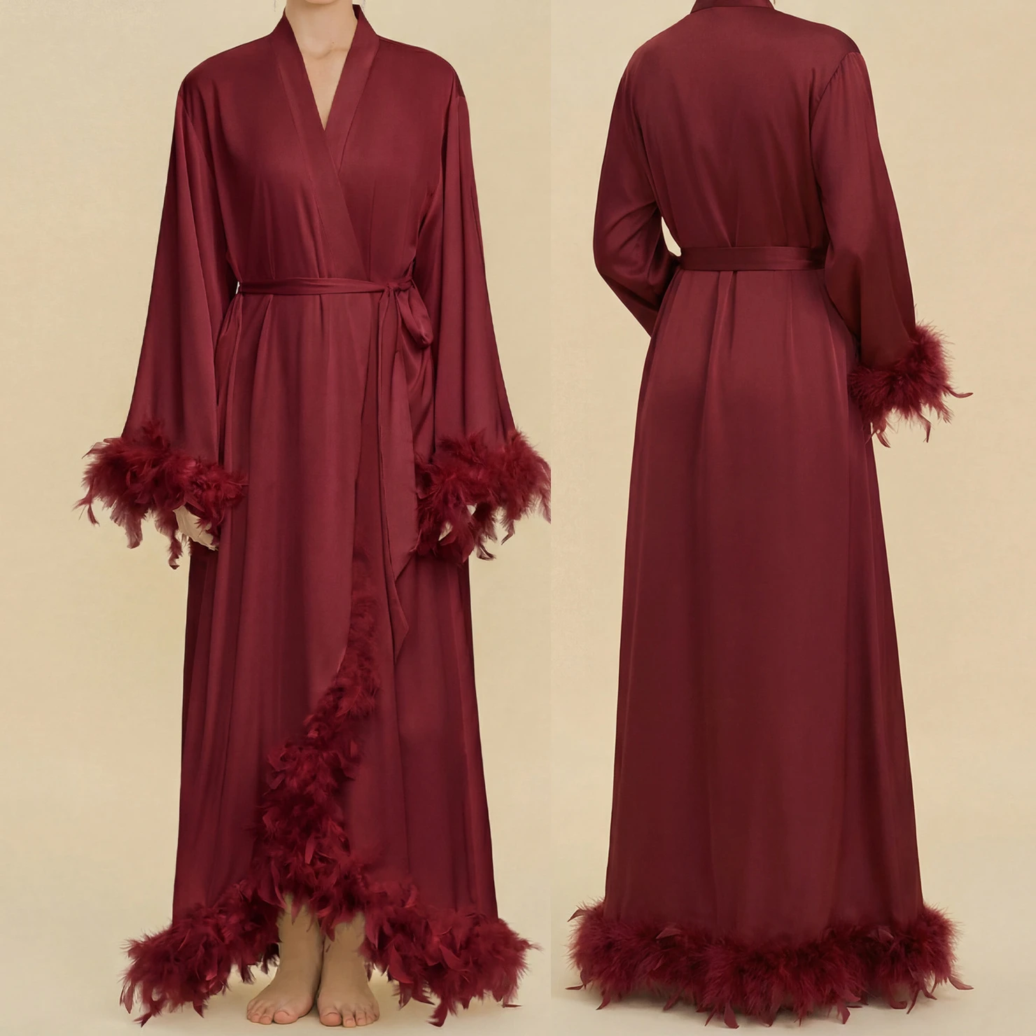 

Luxury Silky Satin Feather Bride Wedding Elegant Long Robe Dress Sleepwear Bathrobe Homewear Sexy New Female Nightgown Lingerie