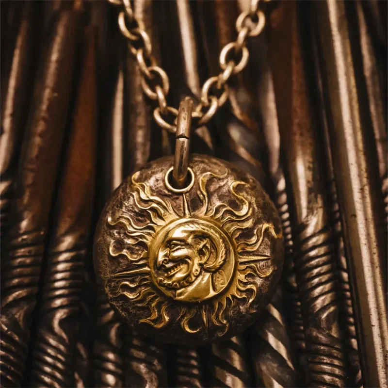 The Middle Ancient Times Style Gold Color Scratchy Depiction of Sun Patterns Necklace Men Mysterious Exquisite Jewelry Necklace