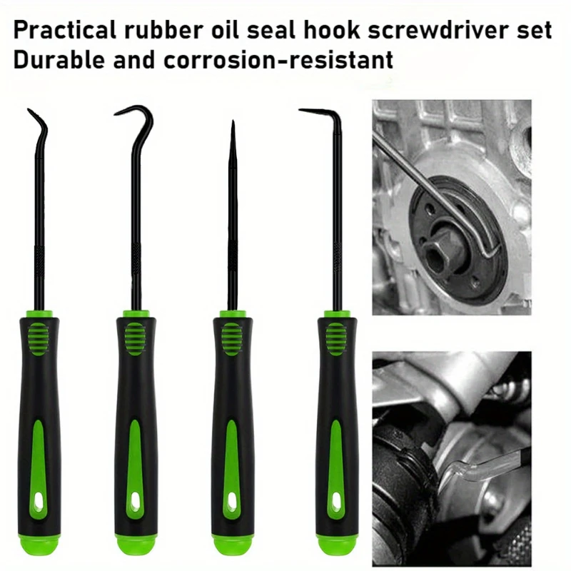 4pcs Oil Seal Picking Hook Set Car Repair Tools Metal O-Ring Extraction Tool With Green Handle For Automotive Home Repairs