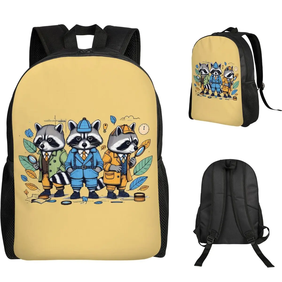 Raccoon Detectives Student Backpack School Bag Hiking Travel Daypack for Boys Girls Fashion Bookbag Shoulder Bags