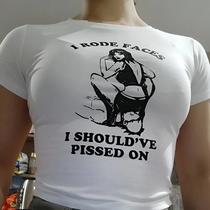 

"I should persist in riding my face" printed pure desire spicy girl Y2K top versatile ultra short women's T-shirt