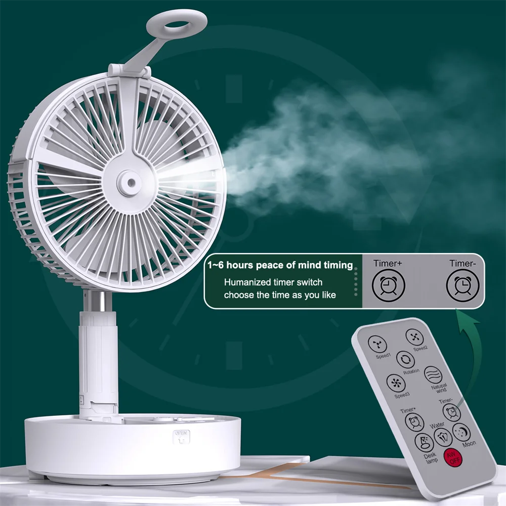 

Portable Fan - Humidifying spray fan, Wireless Battery Operated、Remote Control & LED Lighting、Folding Telescopic Camping Fan