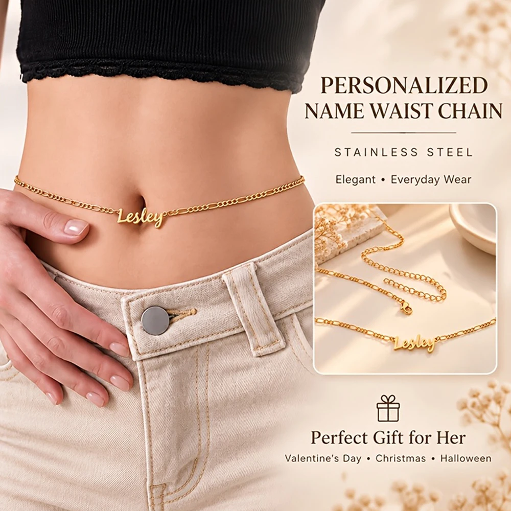 Personalized Custom Stainless steel Figaro Chain Waist Chain Custom Name Waist Chain Bohemian-SexyStyle Belly Chain Jewelry Gift