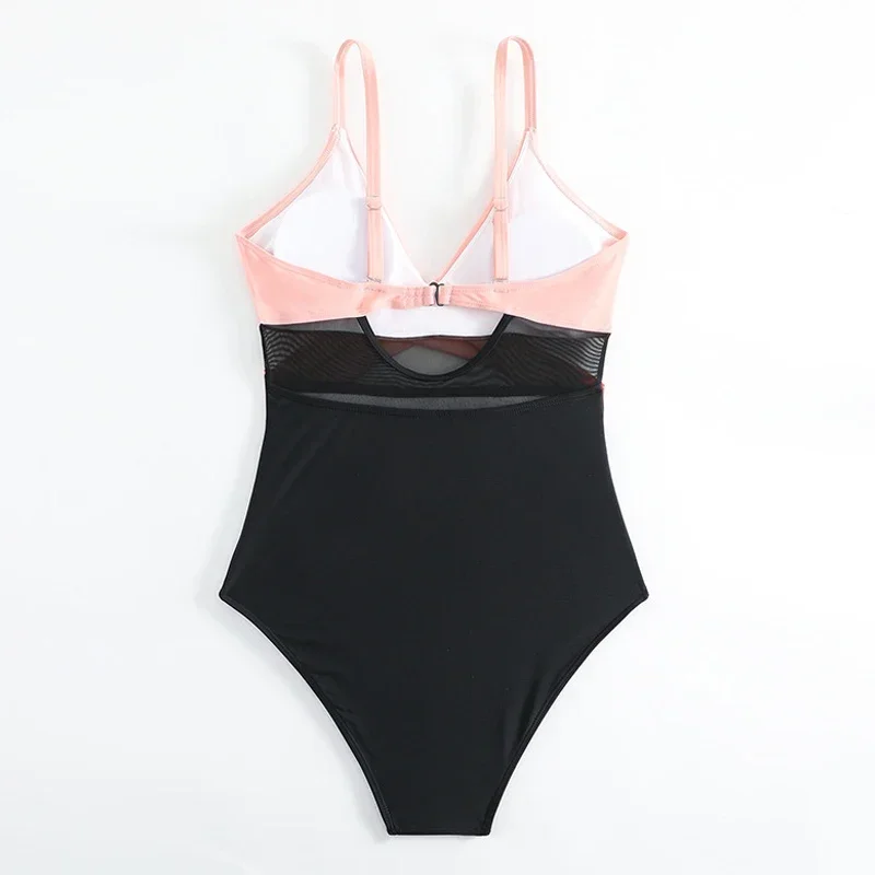 Bikini de una pieza de retales rosa para mujer, Monikini de verano 2024, traje de baño de malla calado con cuello en V cruzado, traje de baño con correa ajustable