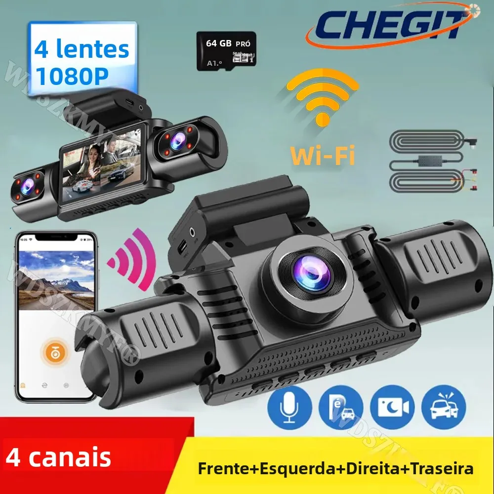 2026 Novo 360 °   Câmera Veicular 4 Canais HD 1080P DVR Automotivo WiFi com Gravação em Loop Visão Noturna Monitoramento de Estacionamento 24H Caixa Preta