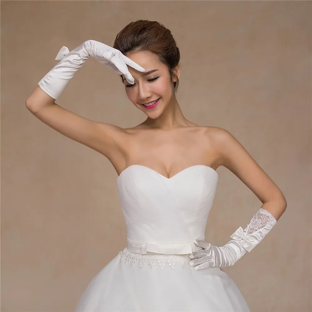 New Arrival Bridal Gloves Elegant Lace Satin Bowknot Gloves Embroider Wedding Accessories Vestido Bridal Cheap Finger Sexy