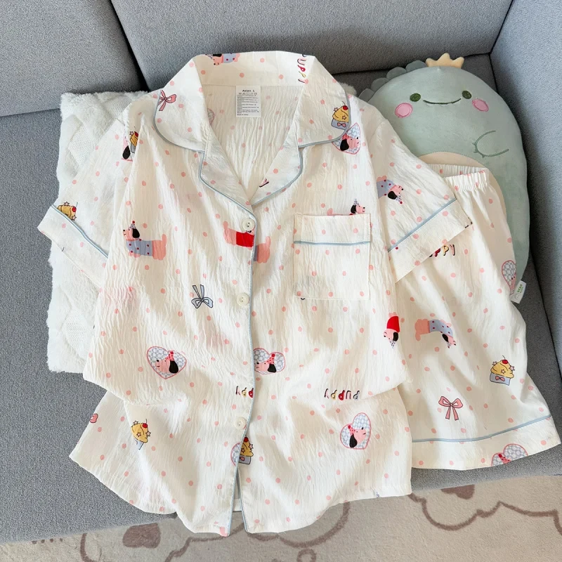 

Women Summer Lapel Open Front Pajama Set Short Sleeve Top Shorts, Sweet Ins Teen Loungewear, Casual Daily Outdoor Home Wear Suit