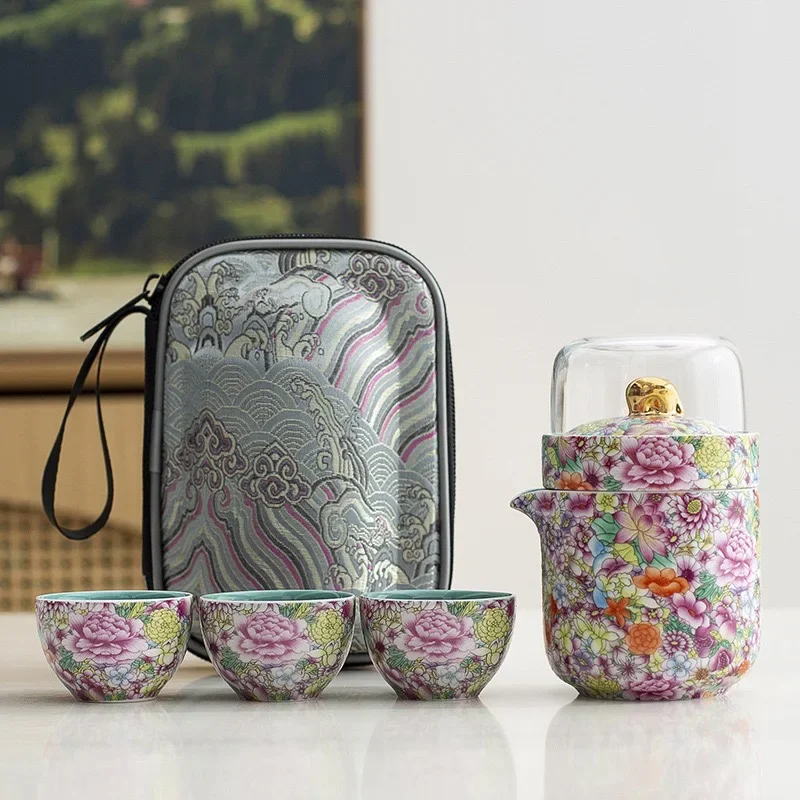 Enamel Flower Kuaike Cup 1Pot 3Cups Portable Ceramic Travel Tea Set Home Outdoor Camping Car Tea Tools Housewarming Holiday Gift