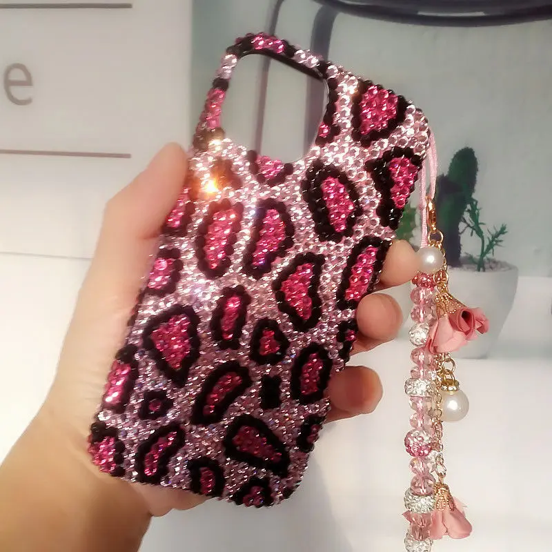 For Samsung Galaxy S24 S23 S22 S21 Ultra Plus S20 FE S24 Ultra 3D Rose Leopard Pattern Water Diamond Fall Protection Phone Case