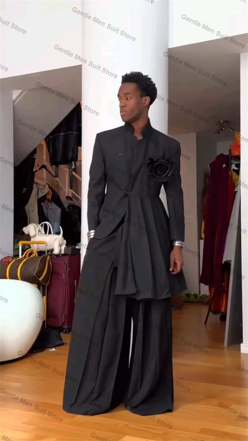 Black Men Suits Set 2 Piece Long Blazer+Pant 3D Flower Wedding Tuxedo Coat Customized Formal Office Cotton Jacket Trousers