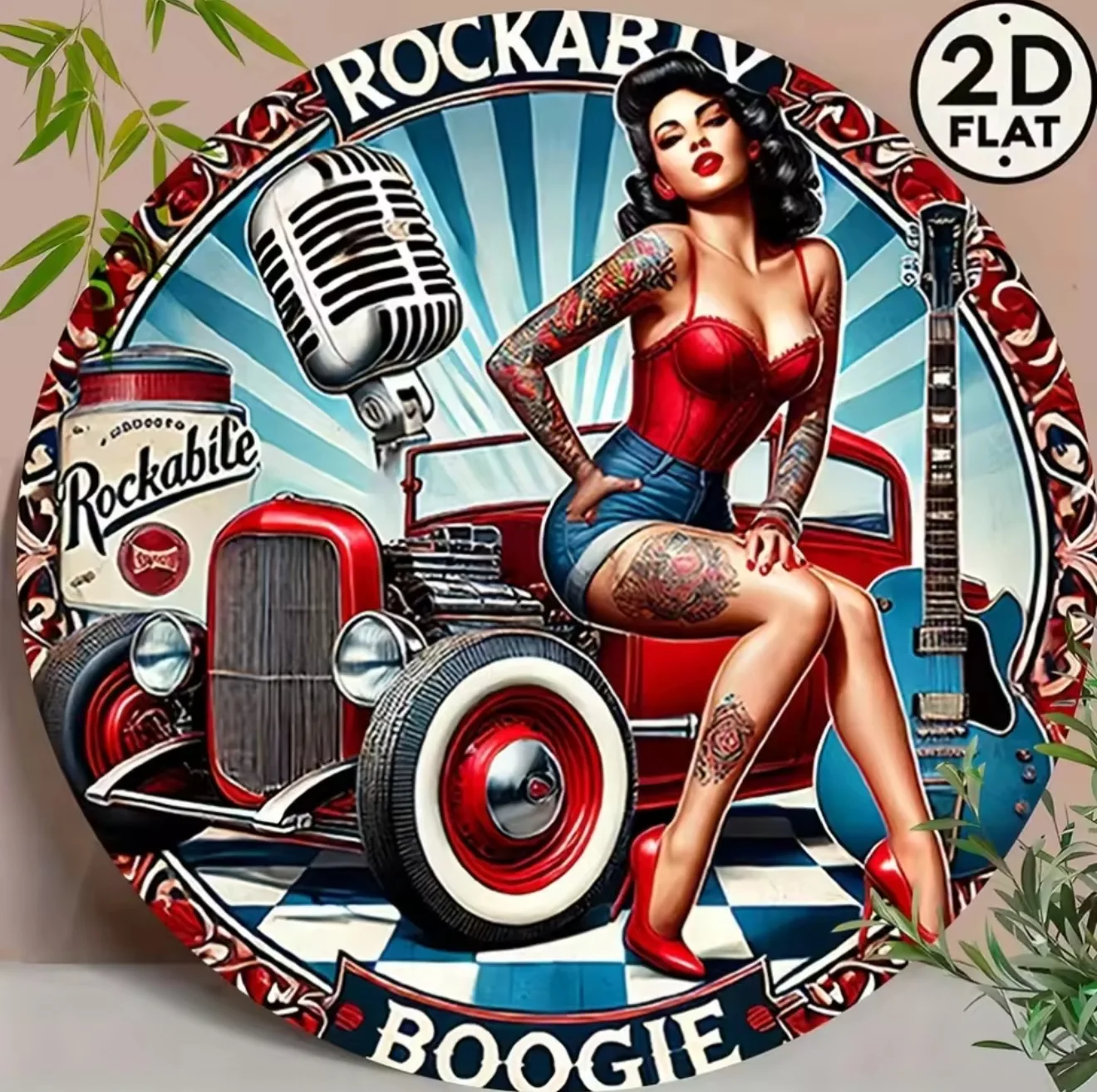 Décoration murale en métal vintage Rockabilly Rock 'n' Roll - Affiche rétro des années 1950 d'une groupe de rock - Pin-up Girl avec guitare - Plaque en métal durable