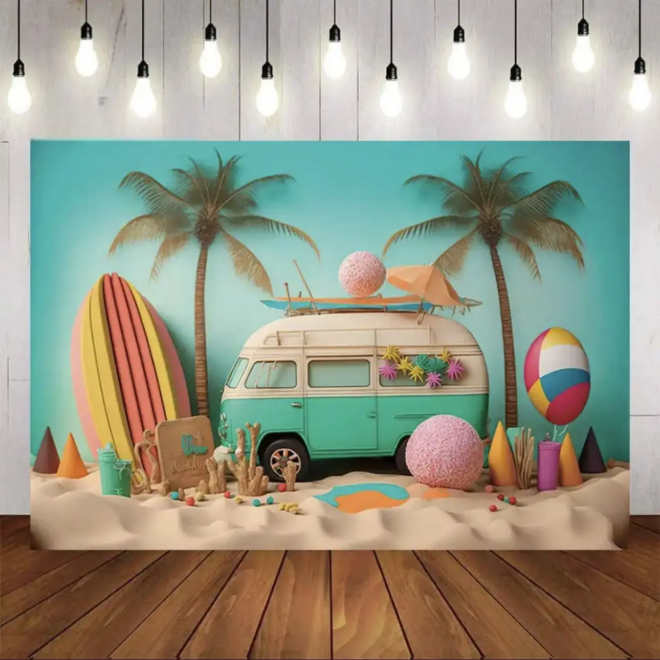 

Beach Dessert Truck Summer Photography Background Palm Tree Surfboard Shell Blue Seaside Fragment Party Photography Background