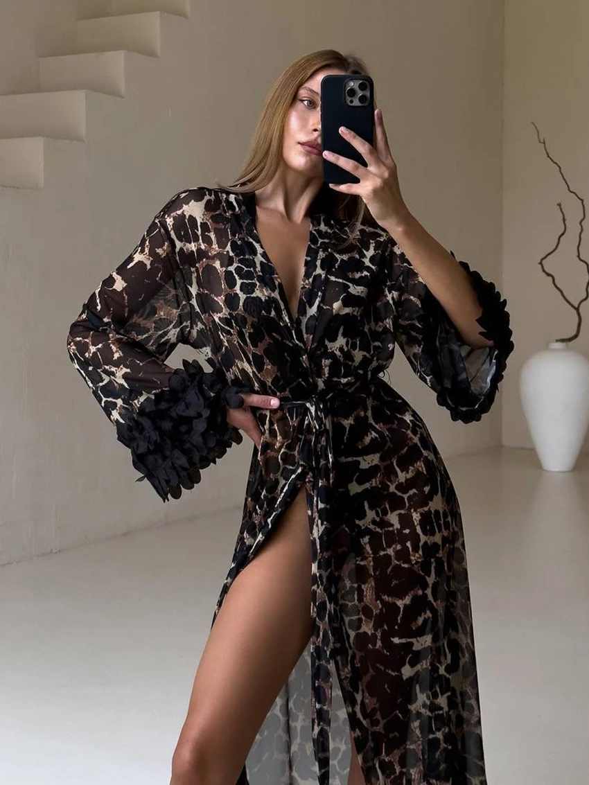 

Marthaqiqi Leopard Print Ladies Sleepwear V-Neck Pajamas Long Sleeve Nightgowns Lace Up Robe Ankle-Length Dress Female Nightwear