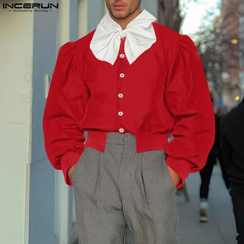 

INCERUN Handsome Men's Tops Stylish Hot Selling Satin Bubble Sleeve Jackets Casual Butterfly Tie Long Sleeved Jackets Coat S-5XL