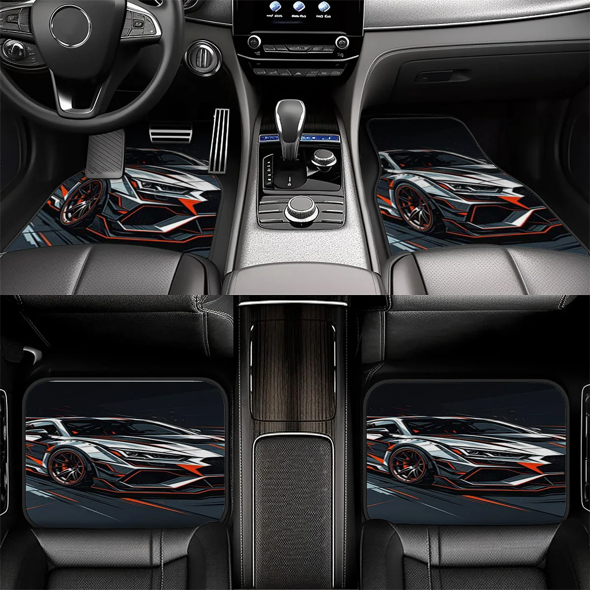 5pcs Car Floor Mats, Dynamic Sports Car Illustration Style Trunk Mat, Silvery-Gray Body With Orange Lines, Speed Racing Theme Ca