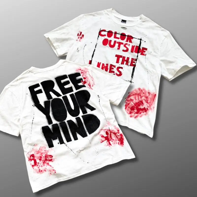 Hand Drawn Red Graffiti Black Distressed Letters Summe Saint Tshirts Vintage Washed Round Neck Short Sleeve Oversize Streetwear