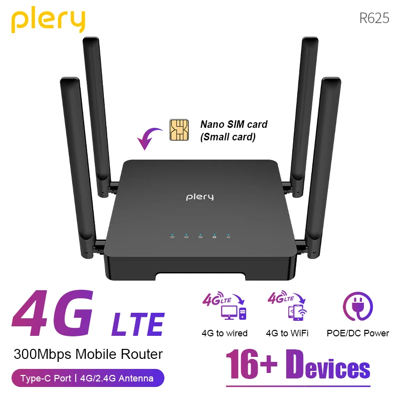 

Plery 4G Wireless Router 300Mbps 4G LTE CPE Router Modem External Antenna With Sim Card Slot Internet Connection WiFi Router