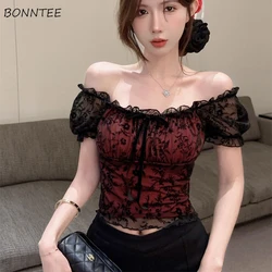 Blouses Women Lace Sexy Slim Tops Hot Girls Summer Stylish Short Puff Sleeve Seductive Backless Slash Neck Mesh Aesthetic Chic