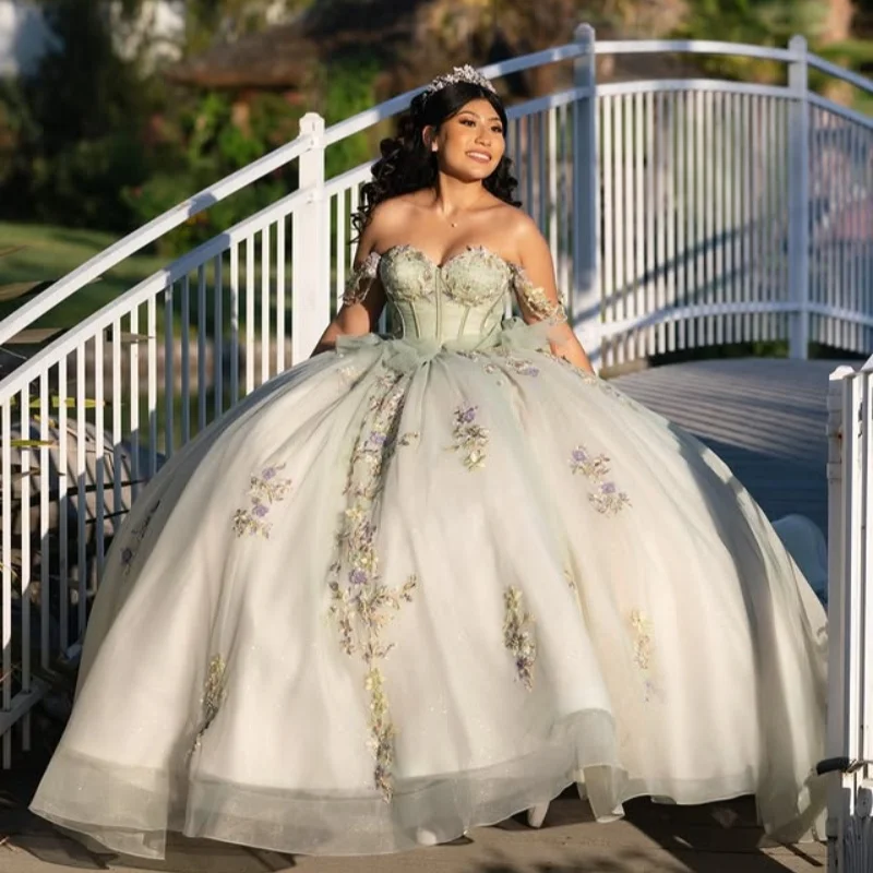 

Блестящее мятно-зеленое платье Quinceanera, кружевное тюлевое многослойное платье с бантом и длинным хвостом, платья de 15, Quinceanera ﻿ Индивидуальный