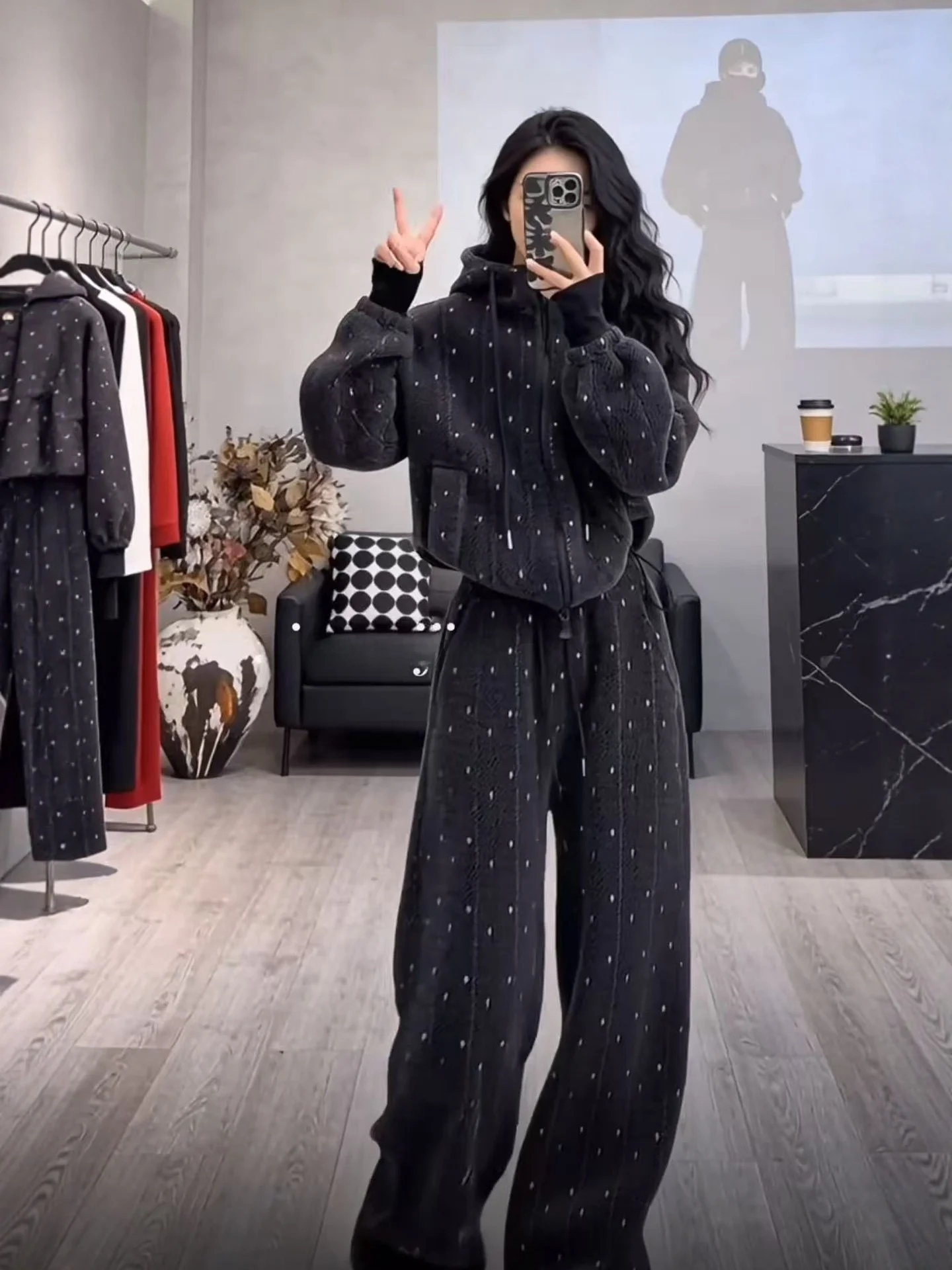 

Winter Casual plus Size Hoodie Jaet And Pants Set Women's Lazy Sle High Waist Long Sve Thermal Faion Ensemble