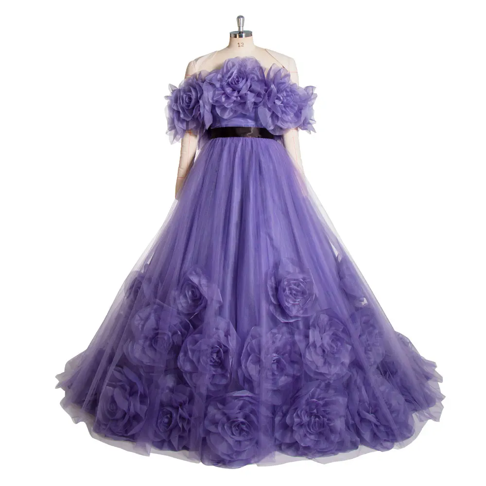 Elegant Purple Off The Shoulder Handmade Flower Tulle Ball Gown Formal Party Dress Photography Dresses YEWEN YW241006