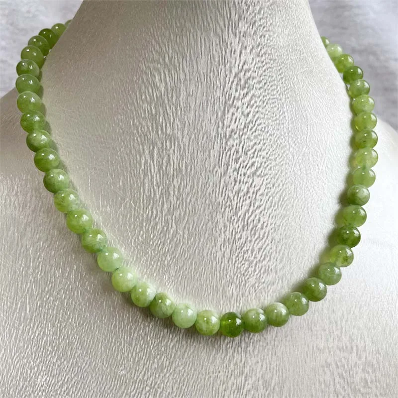 8MM Peridot Jade Necklace Green Natural Stone Olivine Jewelry Health Care Gemstone Protection Choker Healing Yoga Simple Female