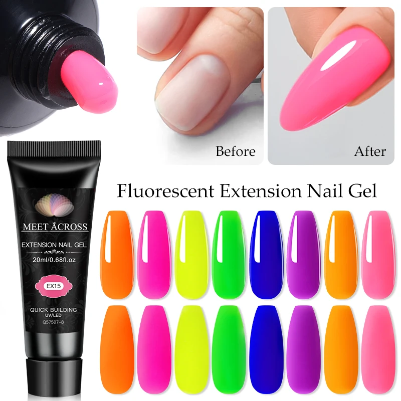 MEET ACROSS 20ml Fluorescent Extension Nail Gel Bright Pink Red Blue UV Hard Gel Nails Finger Prolong Nail Art Gel Polish