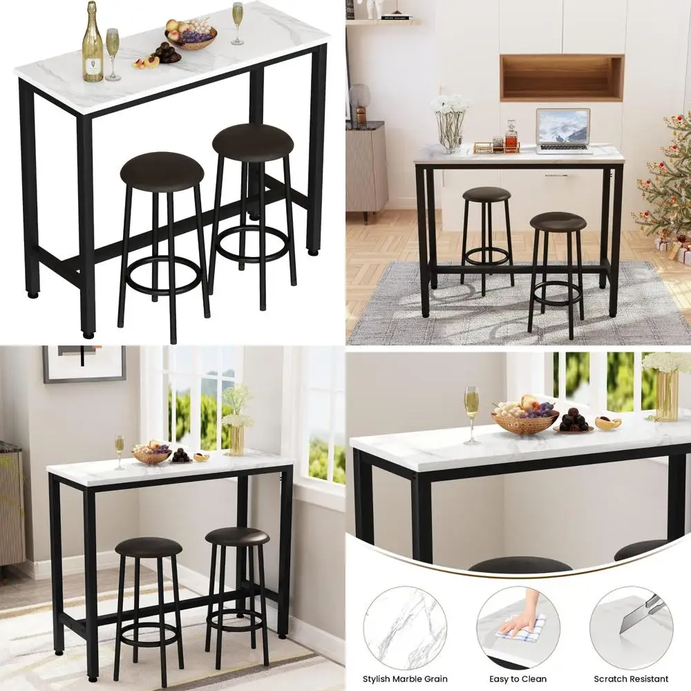 2-Piece Counter Height Pub Table Set with Faux Marble Top and Upholstered Stools