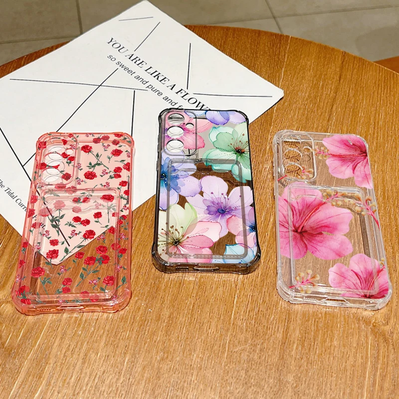 Red Flower Print Card Pocket Phone Case For Samsung Galaxy S26 S25 Ultra S23 S24 FE A57 A17 A56 A55 A25 A16 A36 A15 5G TPU Cover - view 6