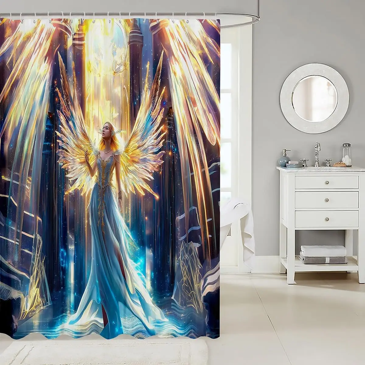 Divine Goddess Fantasy Shower Curtain Blue Wings Waterproof Luxury Bathroom Decor  180cm Majestic Mythic Art Print for Modern Ho