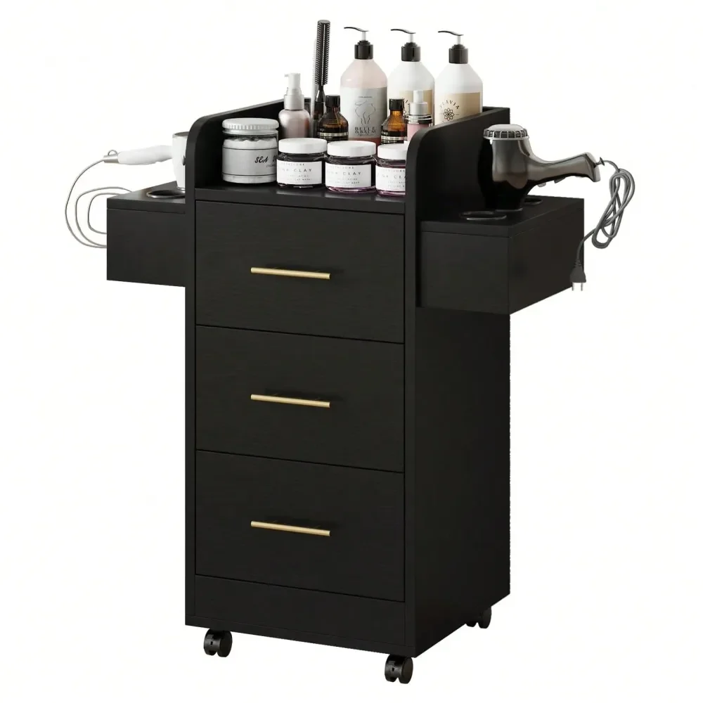 

Station For Hair Stylist, 3 Drawers Beauty Station With 6 Dryer Holders, Mobile Storage Cabinet With Gold Handle For Home Spa,