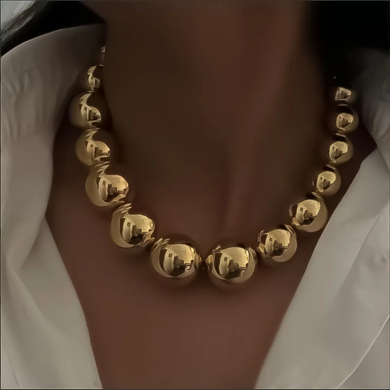 Gold Beaded Nelace for Women Personali Exaggerated Faion Jewelry round Beads Stringing Accories High-End Sensation