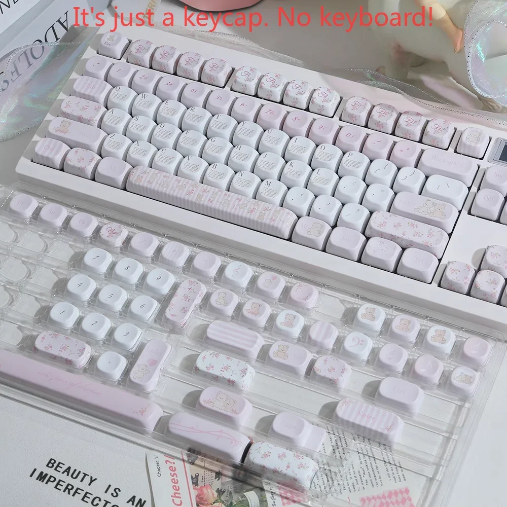 Little Bear Flower Cambodia MOA Cherry Pink White Keycap Set PBT 124 Key Cute Cartoon Keycap Suitable for MX Mechanical Keyboard