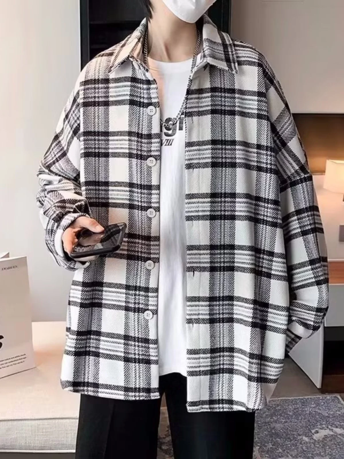 

Retro Japanese Sle Long Sve Plaid irt Men's Loose Spring Autumn Oversize Korean Version Faion Outerwear Button Desig...