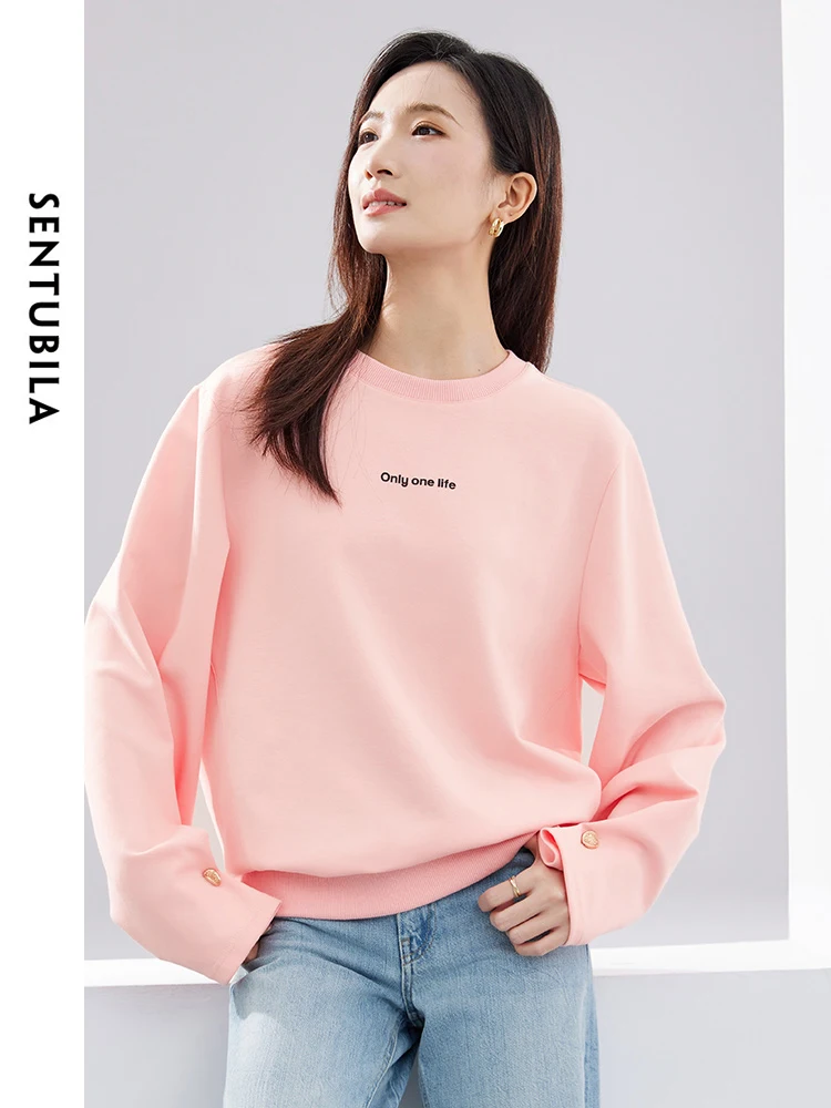 SENTUBILA Loose Letter Print Casual Sweatshirt 2024 Spring Women\'s Long Sleeve Top Round Neck Simple Female Pullovers 141A52964