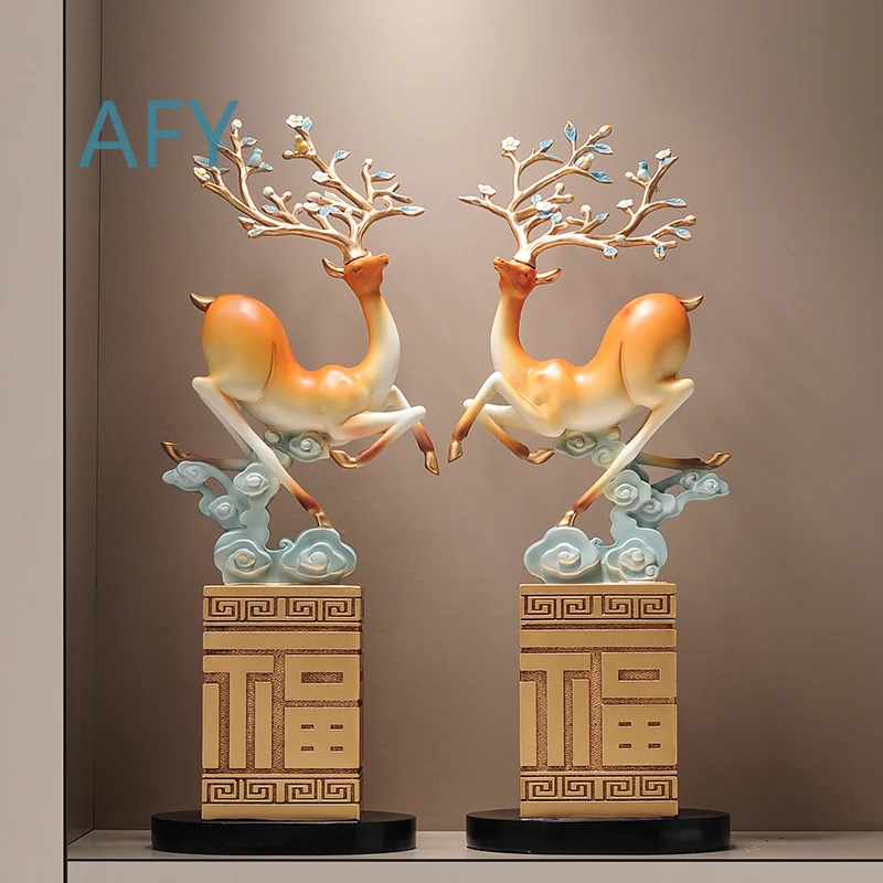Fulu Sculpture for Luxury Auspicious Cloud Deer Floor Decoration Living Room Entrance TV Cabinet Office Desktop Statue Decor