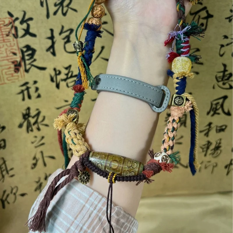 Agate Dzi Bead Pendant With Copper Accessories, Adjustable Braided Rope, New Model