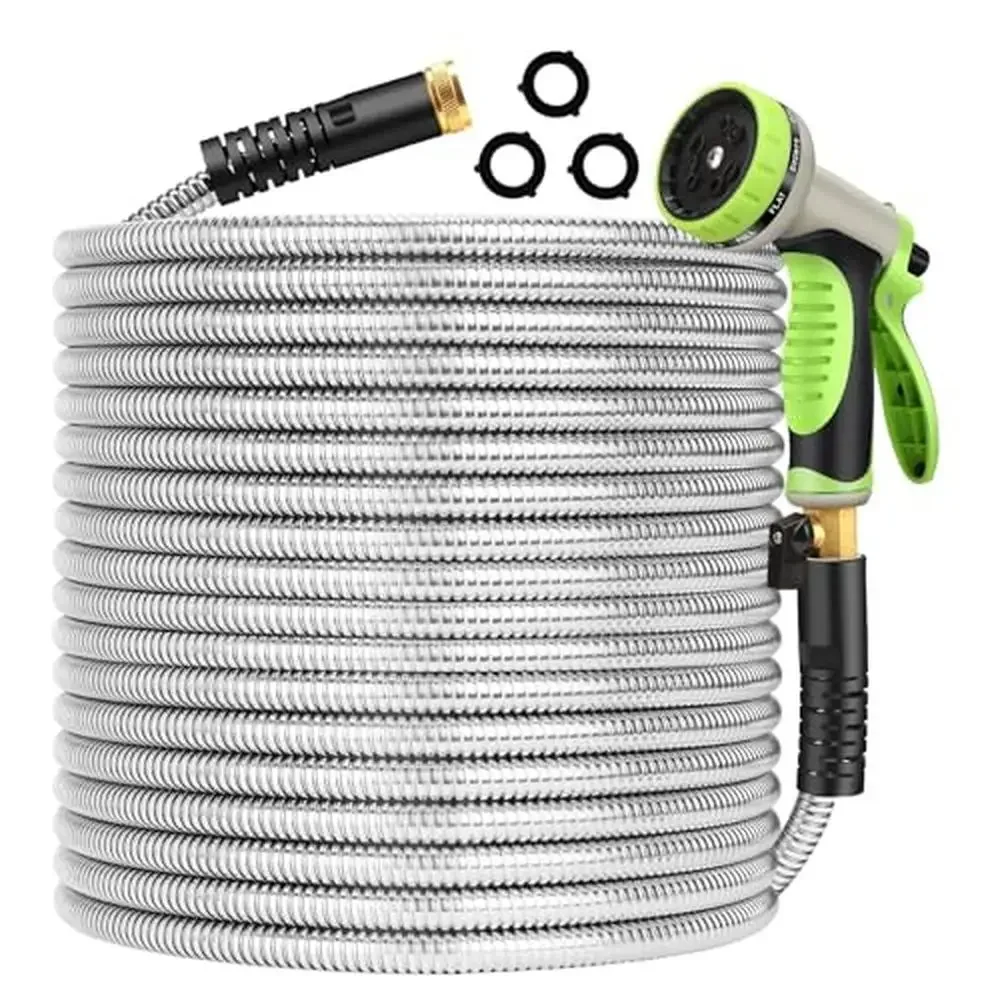 

100ft Stainless Steel Metal Garden Hose Flexible Heavy Duty Lightweight Kink Free Durable Long Pipe with 10 Function Nozzles