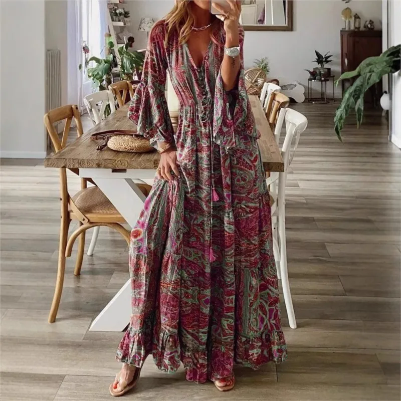 

Spring Autumn Boho Long Dresses Women Vintage Style Printed V-neck High Waist Bell Sleeve Loose Casual Floral Women's Dress Robe