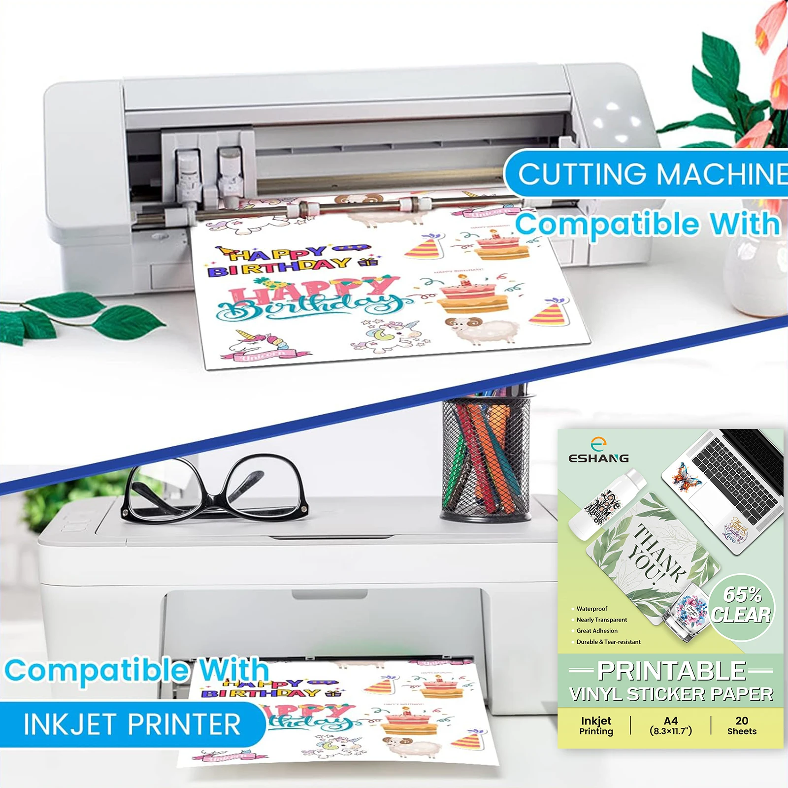 20 fogli di carta adesiva in vinile trasparente trasparente A4, autoadesivi, impermeabili, ad asciugatura rapida, stampabili per stampanti a getto d'inchiostro