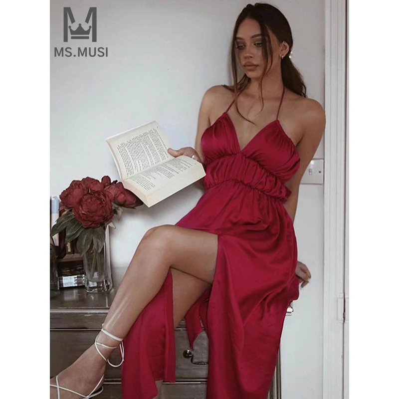 

MSMUSI 2024 New Fashion Women Sexy Halter Draped Fold Sleeveless Backless Bodycon Party Club Event Slit Maxi Dress Long Gown