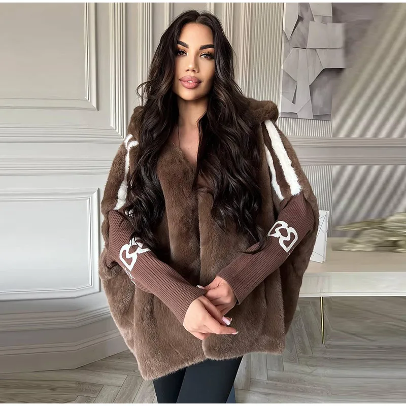 

Street Hooded Faux Fur Patchwork Jacket Women Chic Zipper Long Knitted Sleeve Coat Female 2025 Autumn Winter Casual Lady Outwear