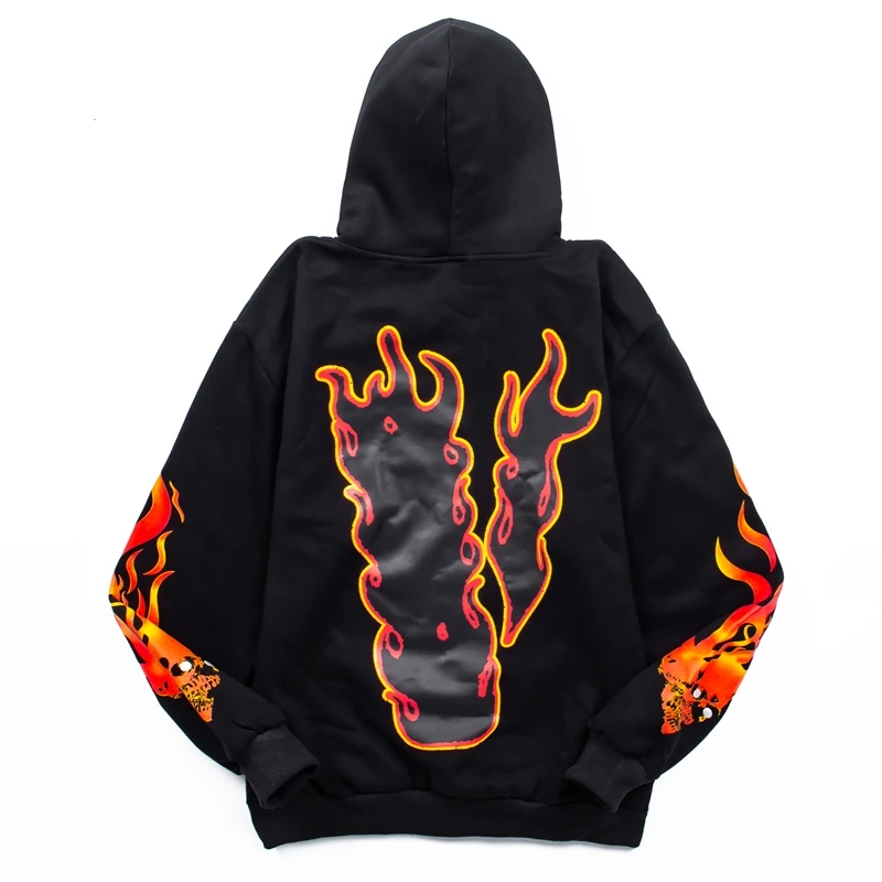 Flame Big V Fleece Hoodie Men Pullover Front Pocket Hip Hop Hoodie Streetwear Black