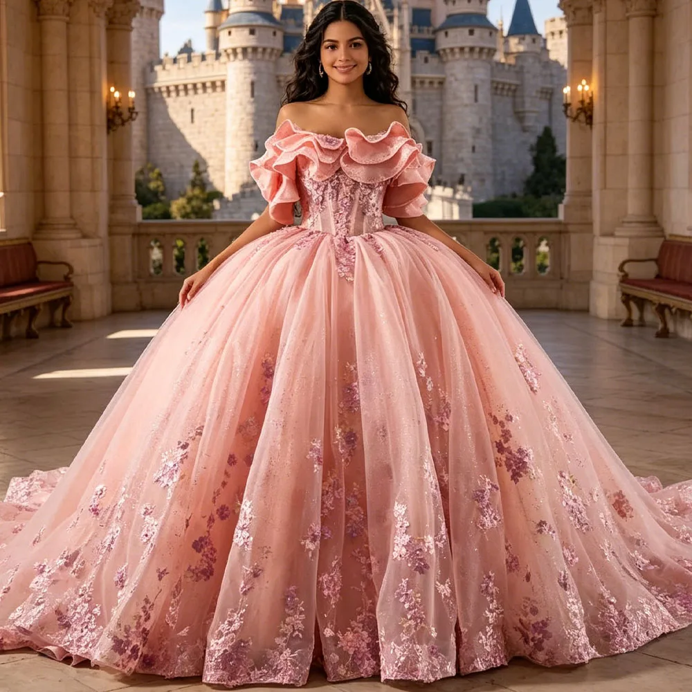 Strapless Embroidery Quinceanera Dress Flower Off the Shoulder Lace Up Back Pink Ball Gown Puffy Long Formal Dress